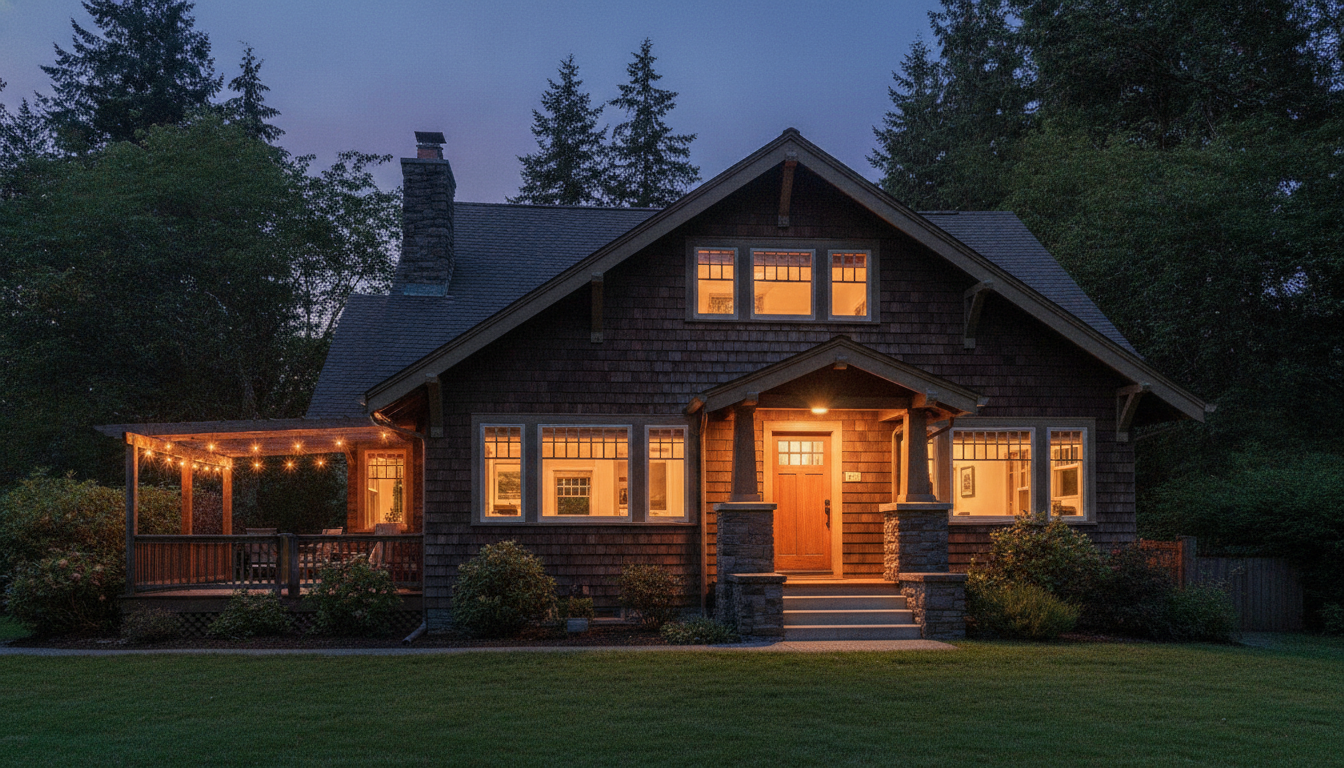 Portland craftsman home glowing warmly at dusk
