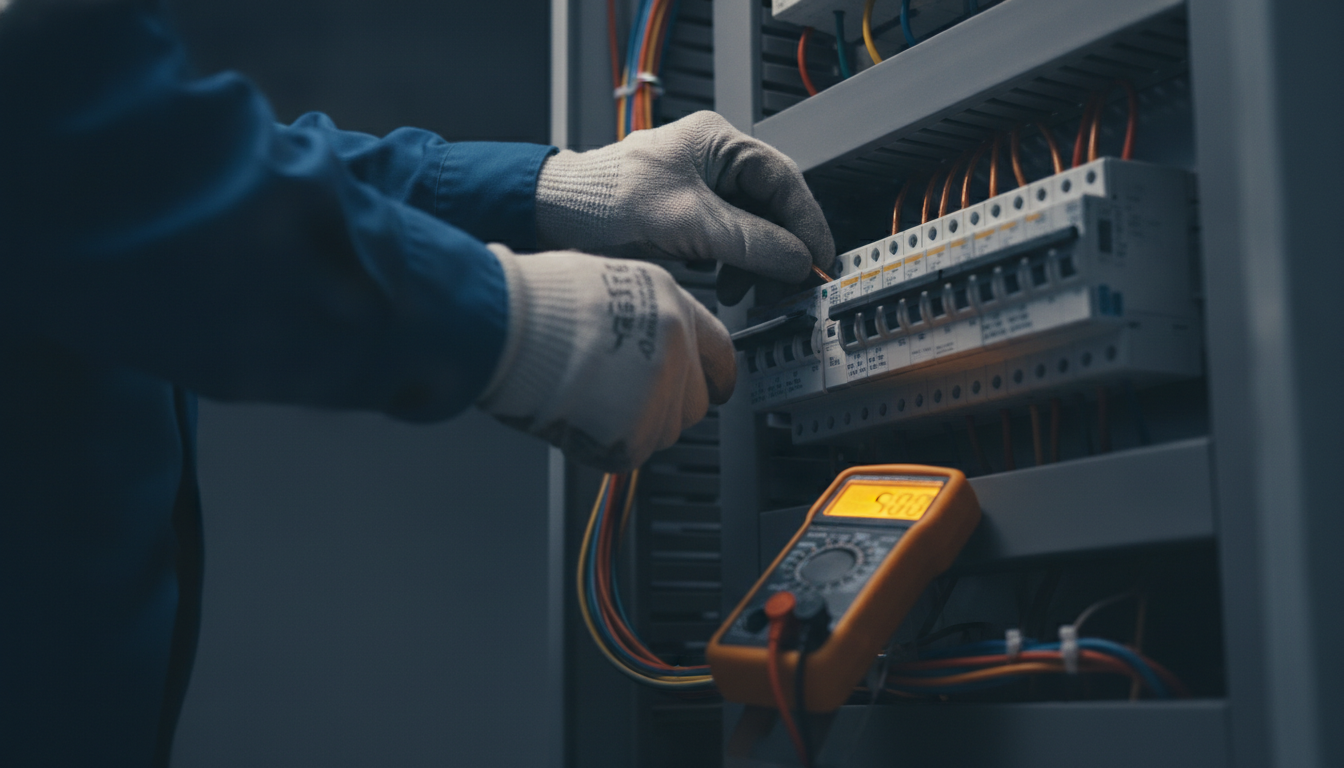 Electrician wiring a modern electrical panel
